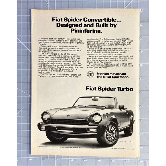 Fiat Spider Turbo Convertible "Designed & Built by Pininfarina" Print Ad 1982 - Picture 2 of 3